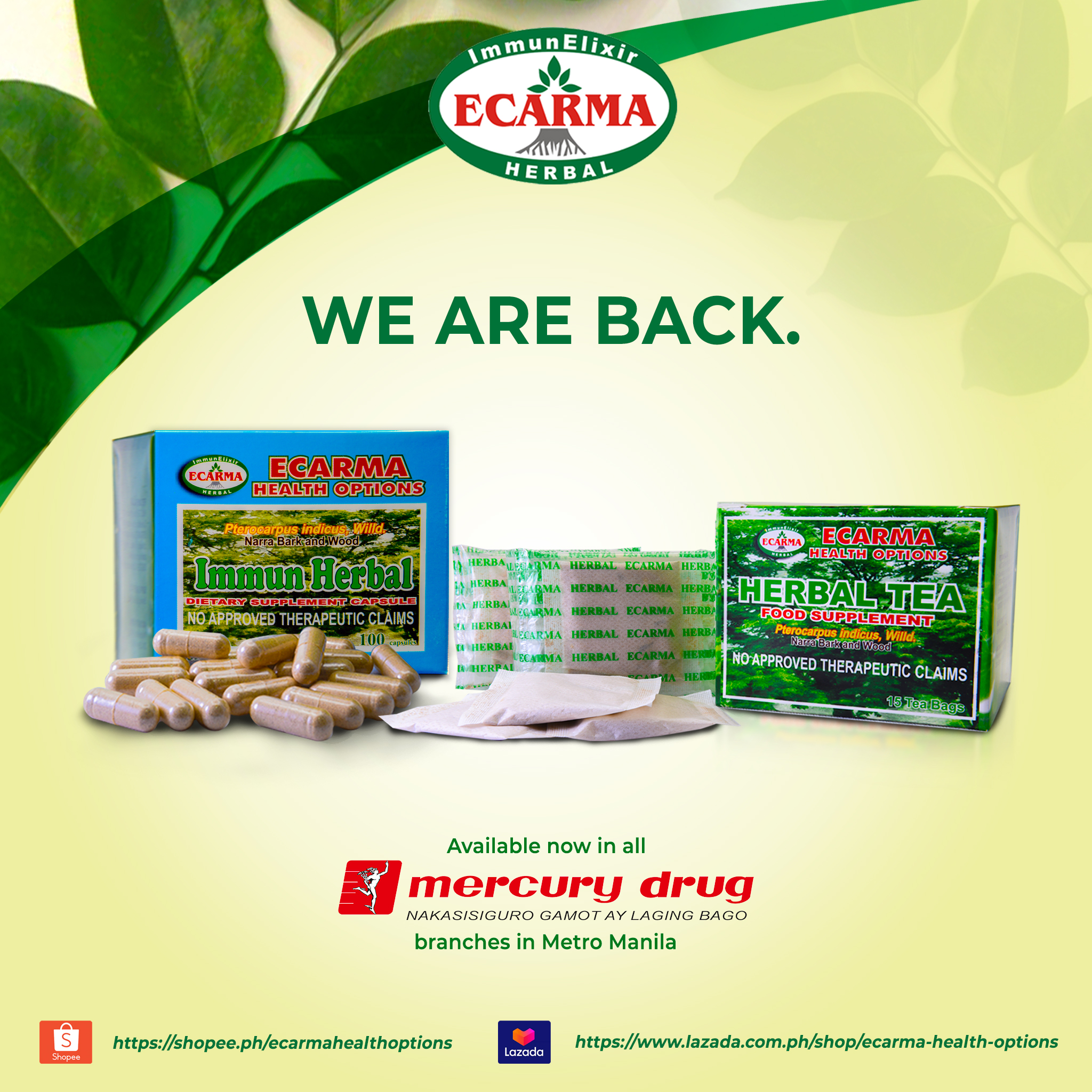 Ecarma tea & capsules is back in Mercury Drug branches in Metro Manila